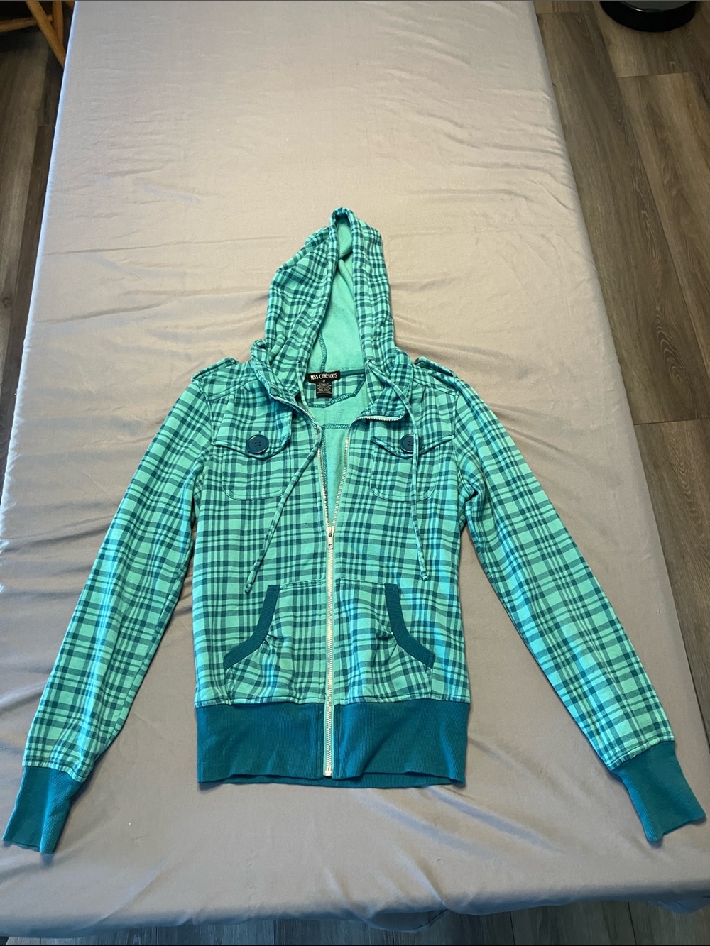 Miss Chievous Teal Plaid Hooded Zip-Up Sweater